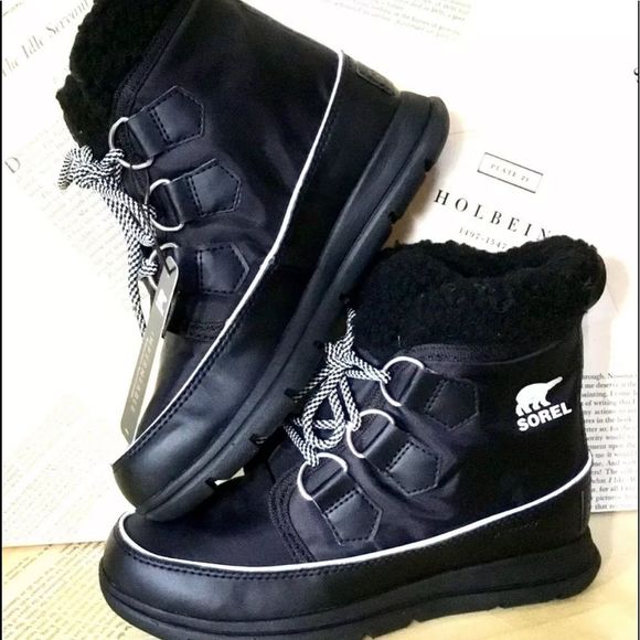 Anthropologie Sorel Explorer Carnival Ankle Boot Black Faux Fur